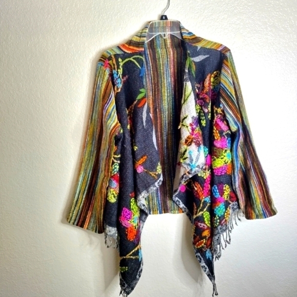 anu Sweaters - ANU Bohemian Art to Wear Shawl Wool Blend Embroidered Gypsy Open Coat Jacket S/M
